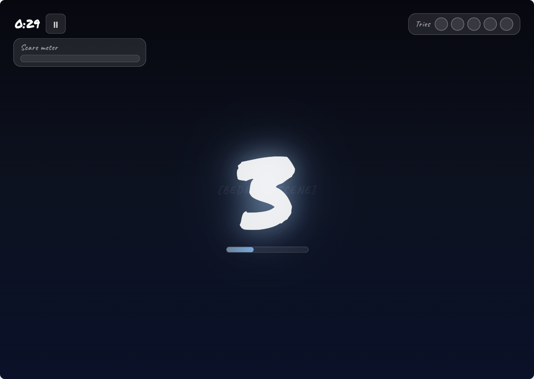 Countdown screen with a glowing number 3, an empty scare meter, tries counter, and timer already visible